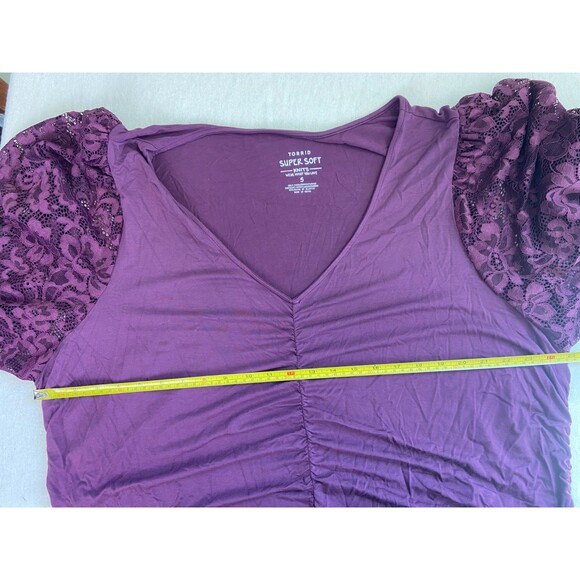 Torrid Super Soft Knit Top Women's 3X Wine Purple Lace Bishop Sleeves Stretchy - Picture 7 of 12
